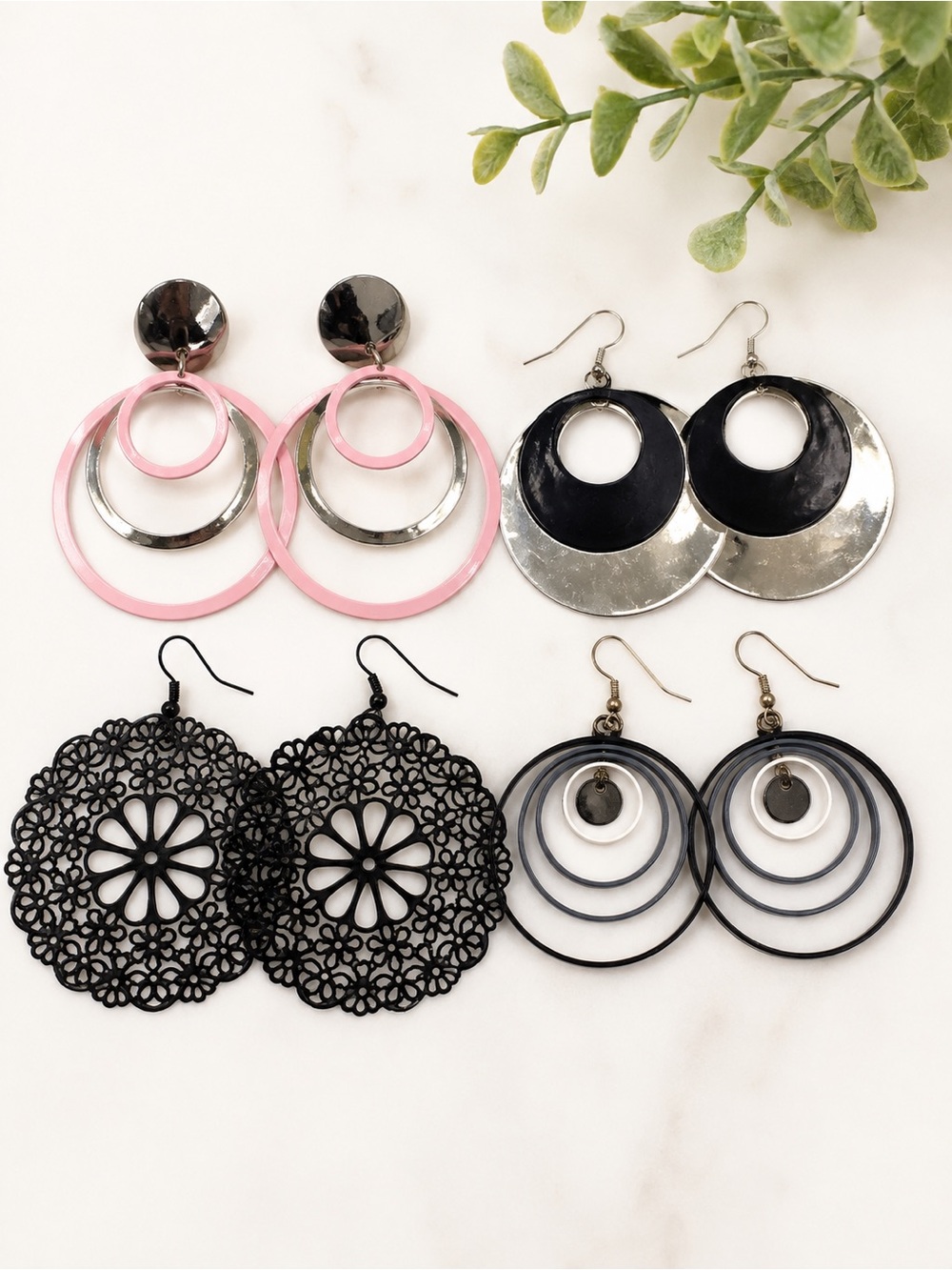 4 Pairs Statement Dangle Earrings Pink Silver Black Mixed Lot
